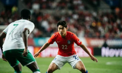 Lee Han-beom defending for South Korea at the World Cup