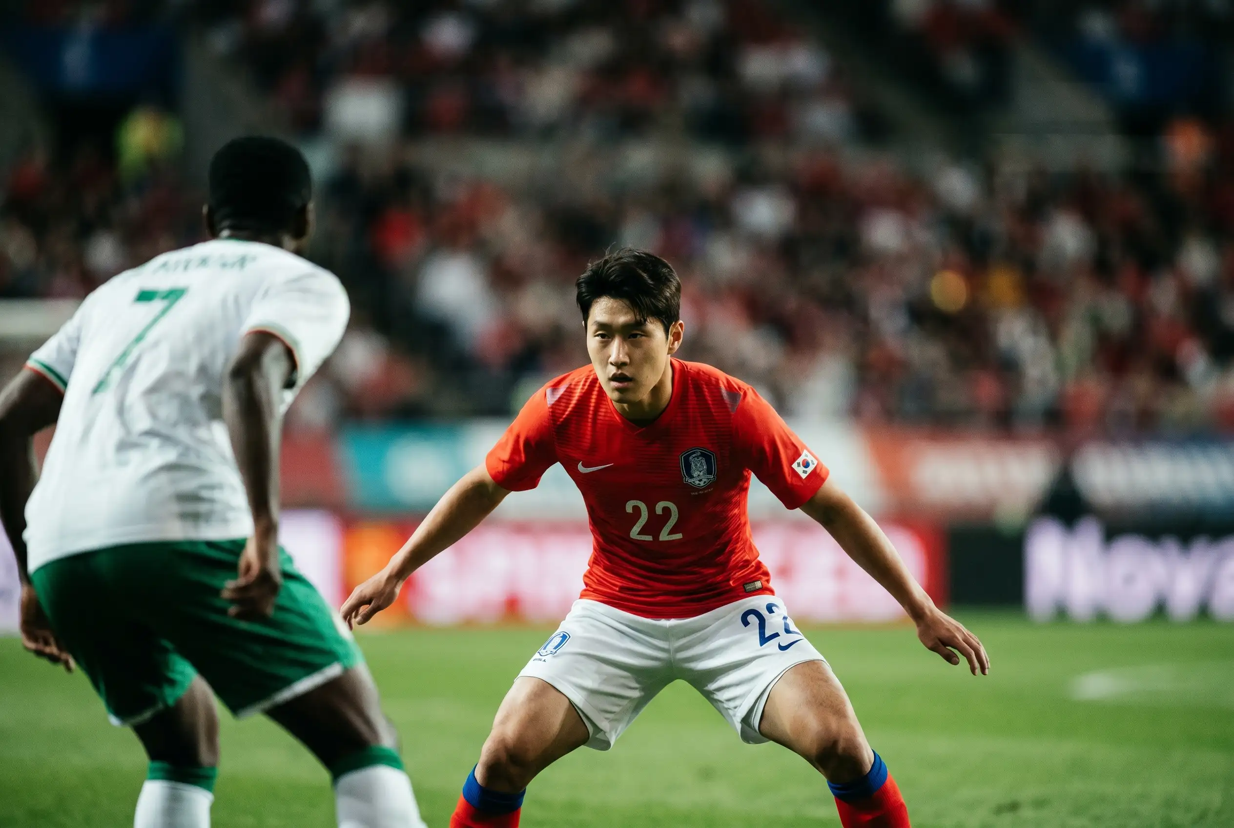 Lee Han-beom defending for South Korea at the World Cup