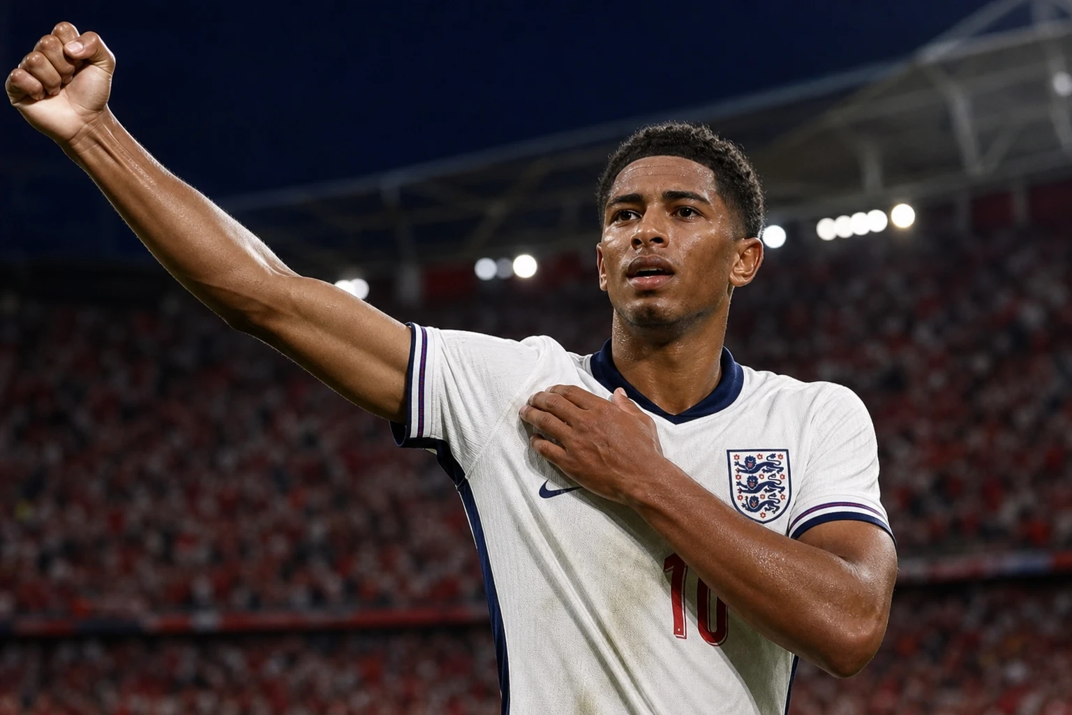 Jude Bellingham clutching left shoulder after England Norway World Cup goal