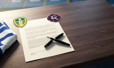 New England Revolution and Leeds United crests beside a blank transfer contract and pen.