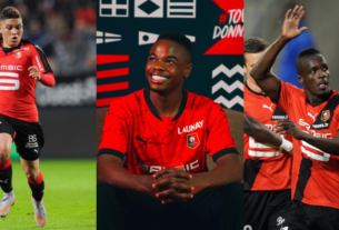 Juan Fernando Quintero, Andrés Gómez y Víctor Hugo Montaño en el Stade Rennais